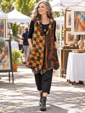 Mieko Mintz 2-layer Vintage Cotton A-Line Hooded Vest Jacket Black/Ocher M NWT